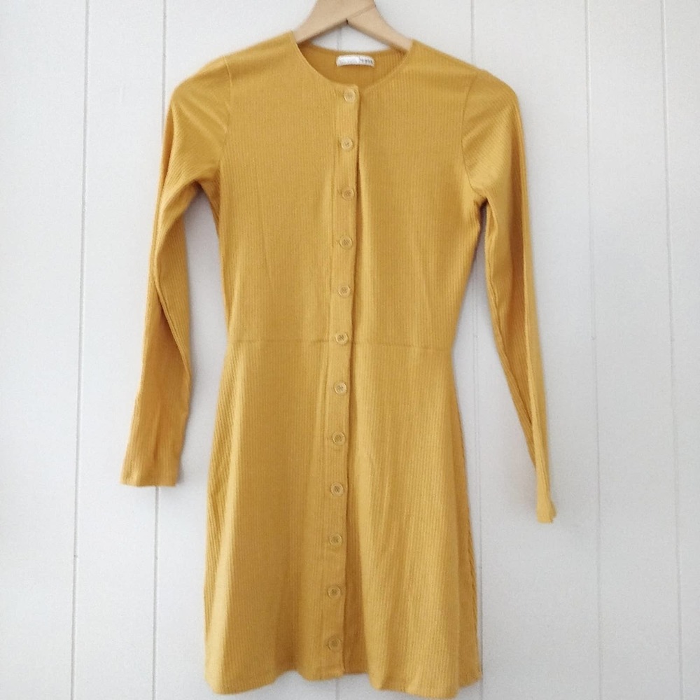 REFORMATION JEANS Ribbed Mustard Long Sleeve Skater Mini Dress Sz S